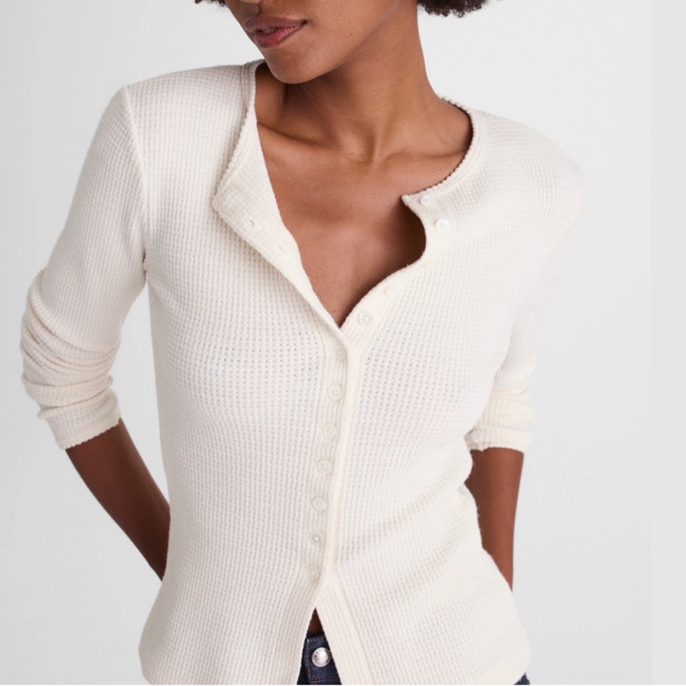 Madewell Waffle-Knit Cutaway Crewneck Cardigan